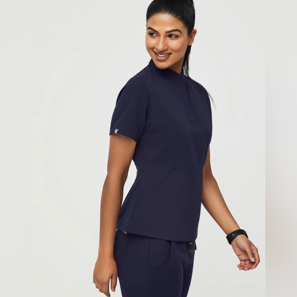 Figs Navy Insiza Slim Mandarin Collar Scrub Top